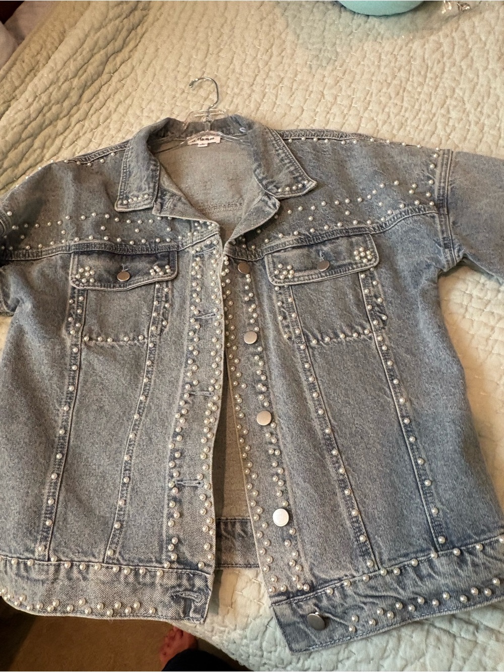 MACARON Grey Pearl-Studded Jean Jacket